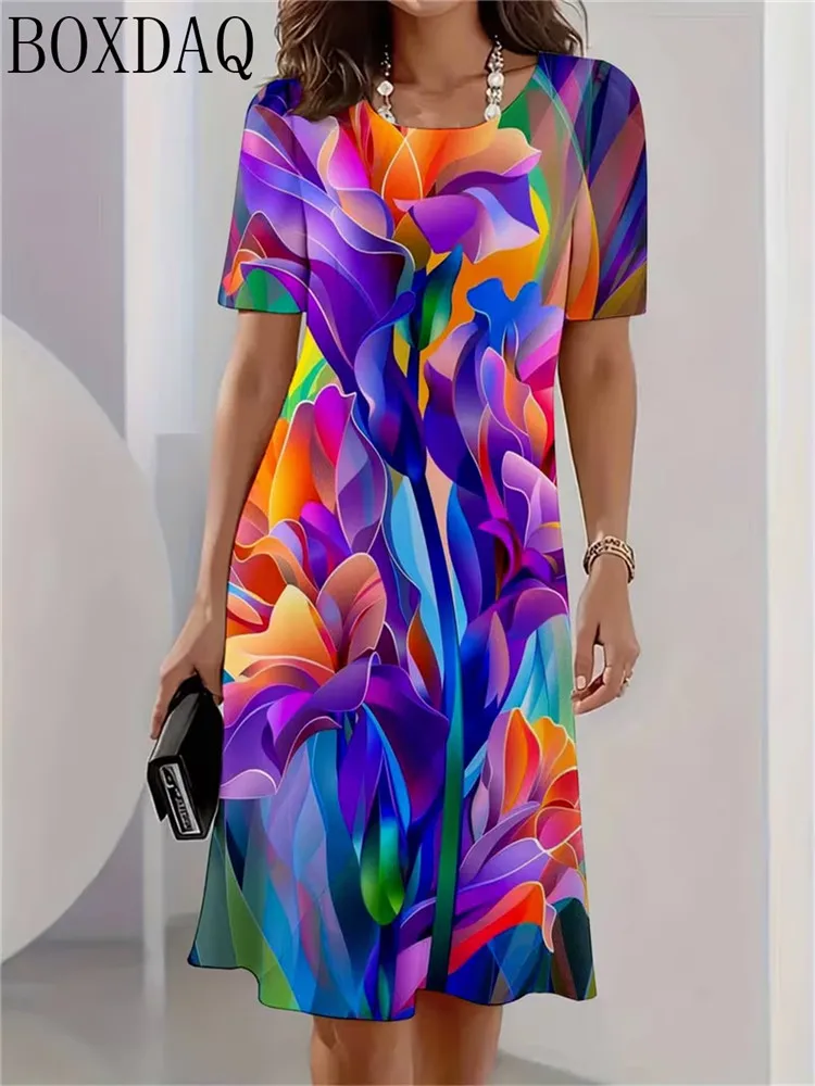 Modisches und Elegantes Sommerkleid für Damen mit Rundhalsausschnitt, Kurzen Ärmeln, Blumenmuster und Loser A-Linie