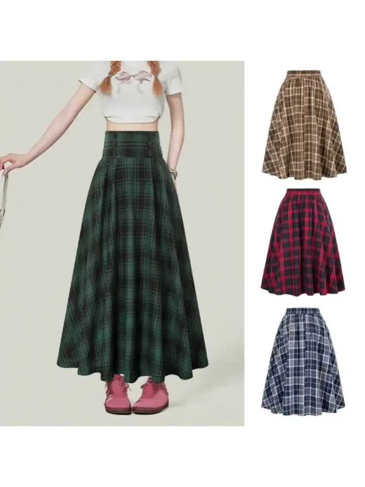 Femmes jupe taille élastique grand ourlet a-ligne Colorblock Plaid imprimé coupe ample jupe longueur cheville poches rétro dame Maxi jupe à carreaux