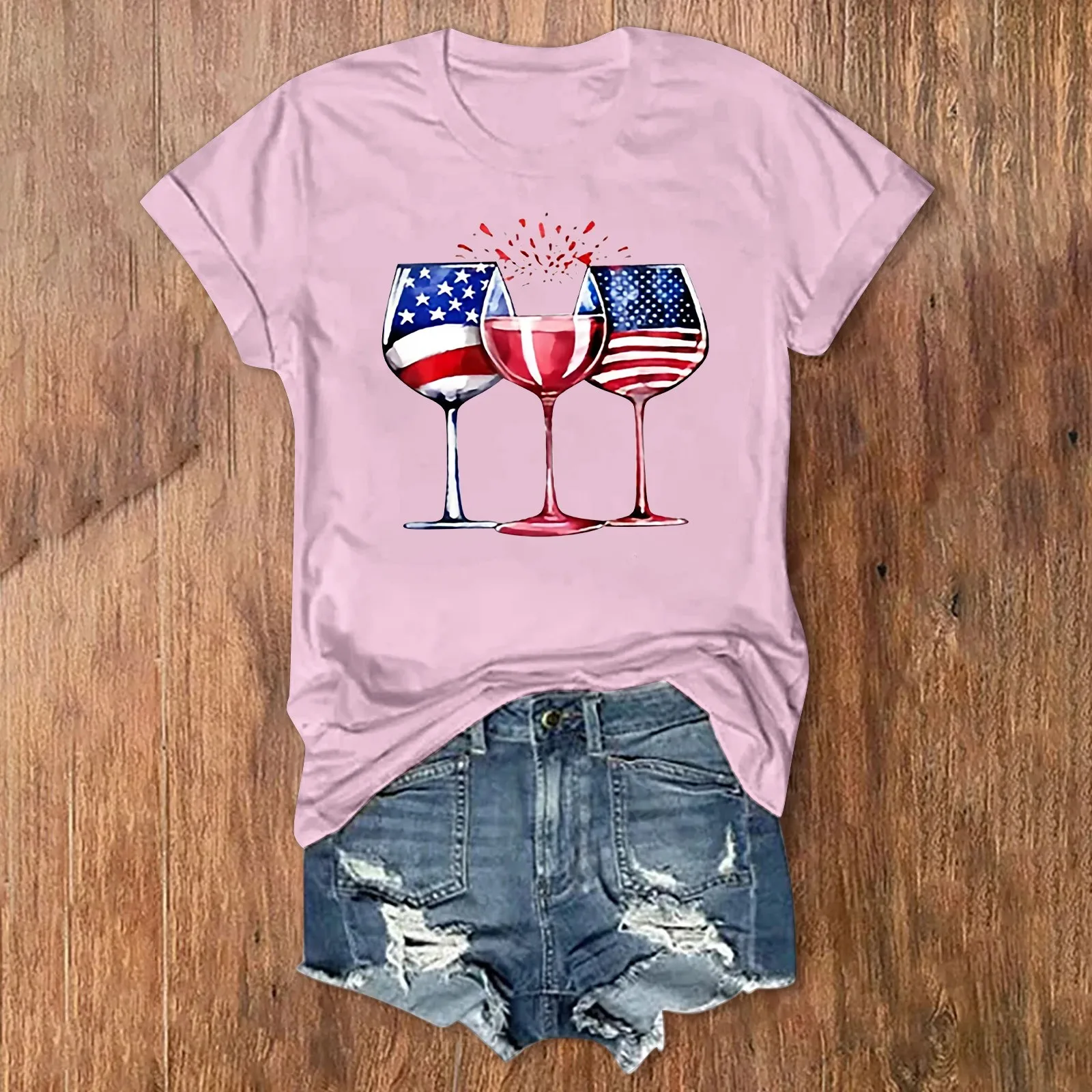 Women'S Fashionable Round Neck Short Sleeved Independent Day Printed Top T Shirt Tall Cup American Pattern Patriotism Pullovers