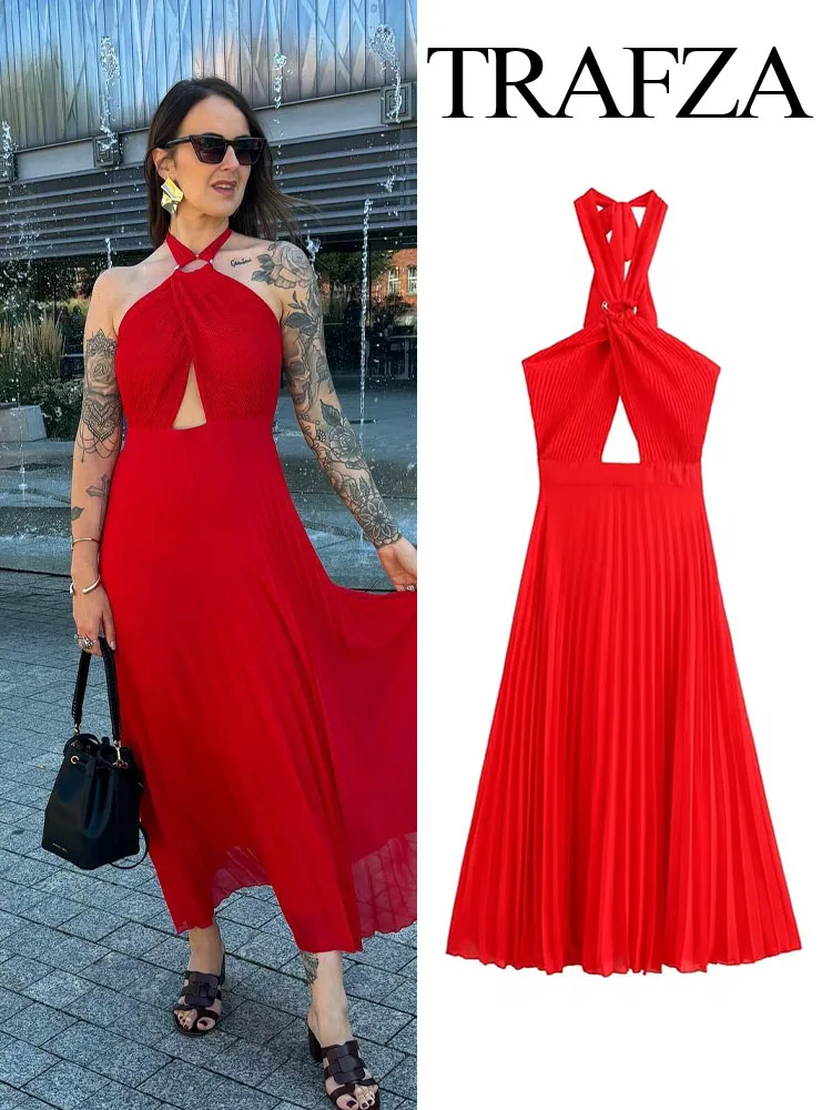 TRAFZA Women Fashion Dresses Solid Sleeveless Backless Hollow Out Decorate Zipper Female Summer Beach Style Long Dress 3 Color