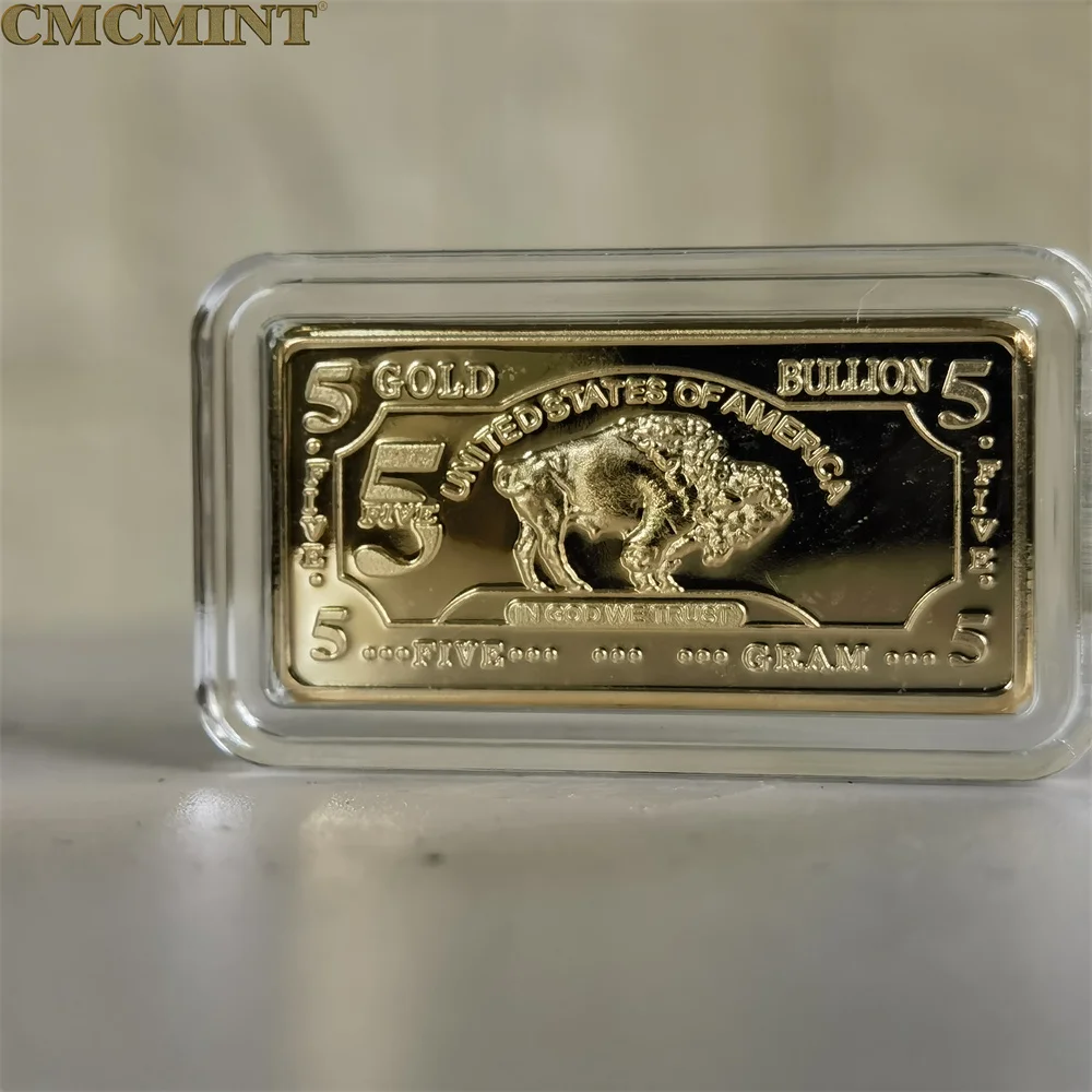 5 Gram 100 Mills Gold Buffalo  Bar Gold Coin With Clear Acrylic Display Case