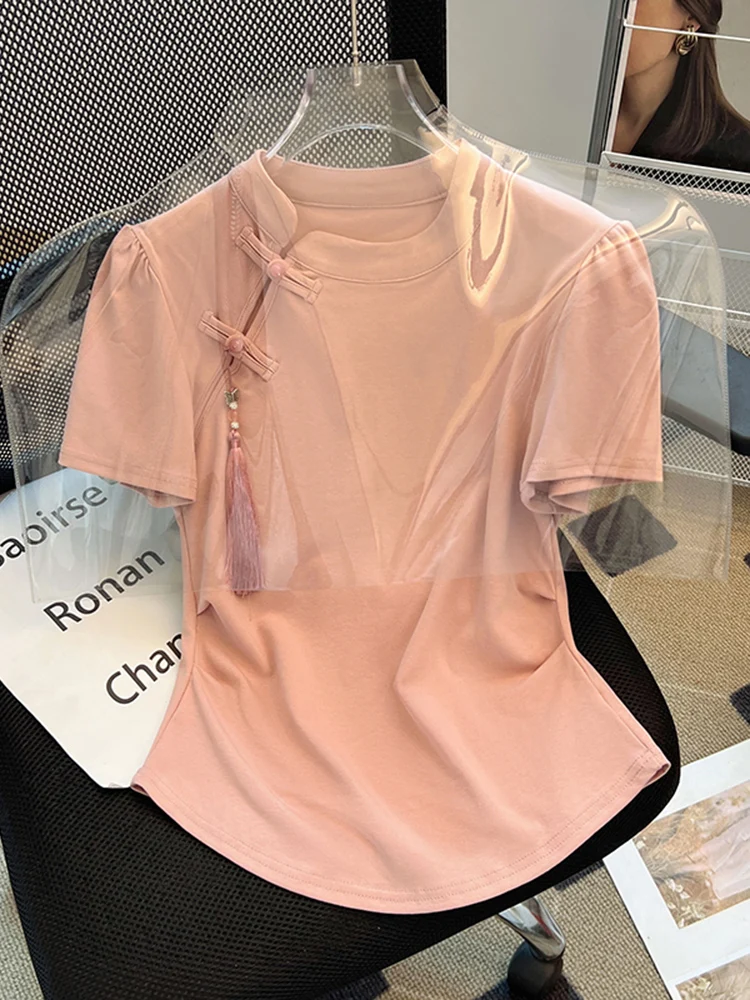 新しい中国風スレオルトスヴェティート女性用サマーラウンドネックボタンアップトップス、肩丈ストレートカットベーシックカラーブロ