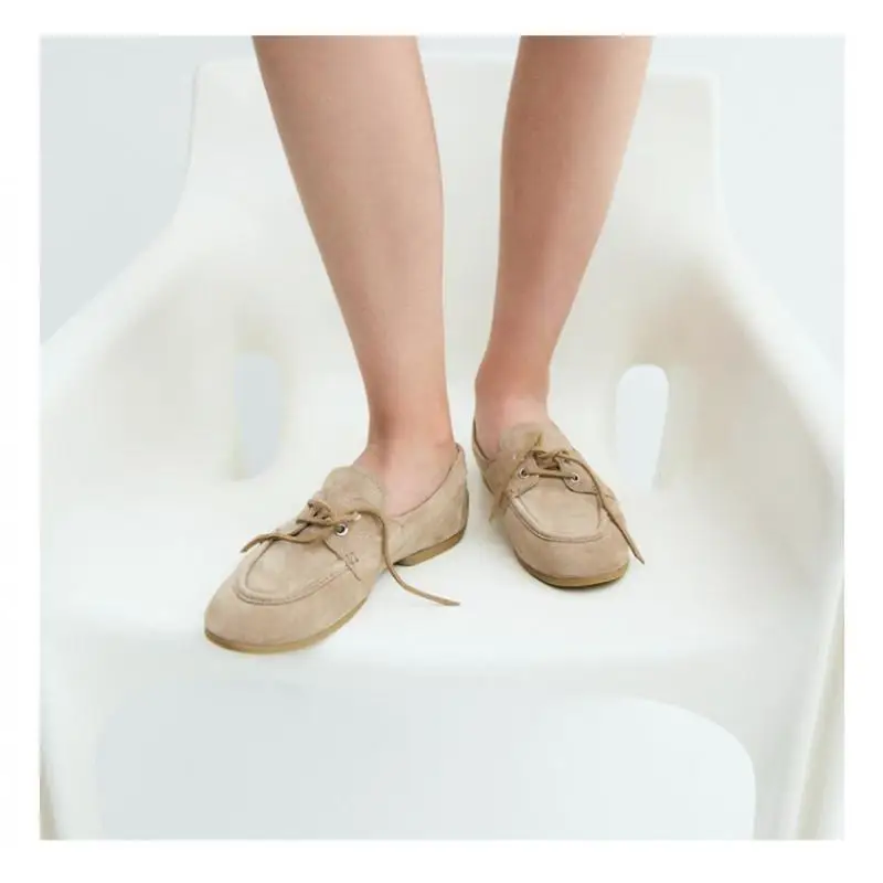 Withered Fashion Minimalist Retro Khaki Suede Flat Loafers With Lace Up Bow For Lazy Slip-on Sailboat Shoes For Woman Loafers
