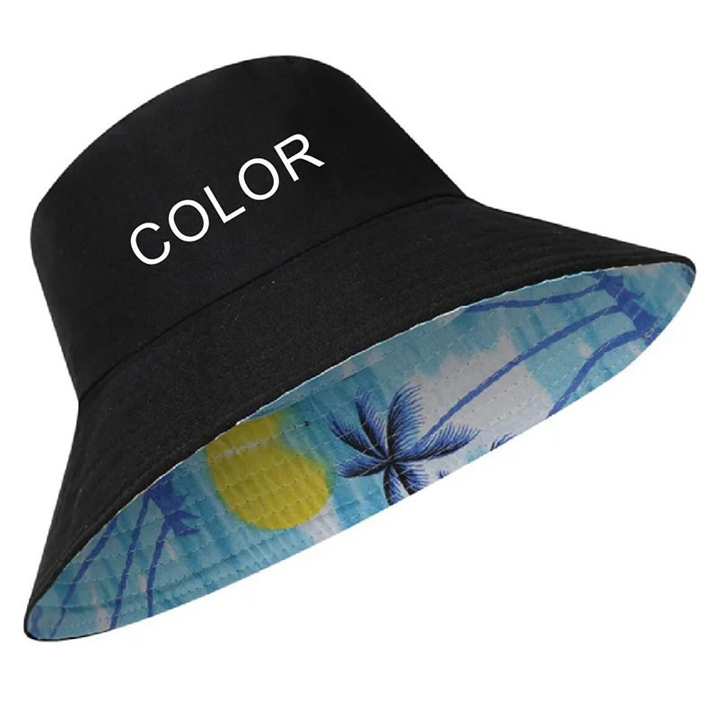 Custom logo text Palm tree reversible Men Bucket Hats Women reversible Outdoor Summer Fisherman Caps Fishing Hat beach