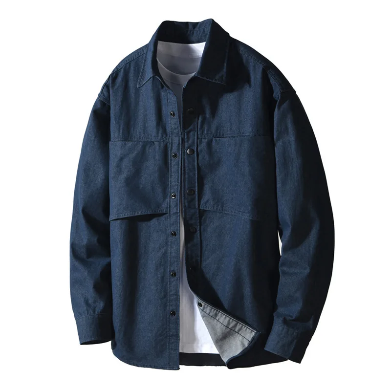 American Retro Style new Mens Long Sleeve Shirts Dropped Shoulder Casual Cargo Shirt Men Lapel Snap Button Up Shirt High Quality
