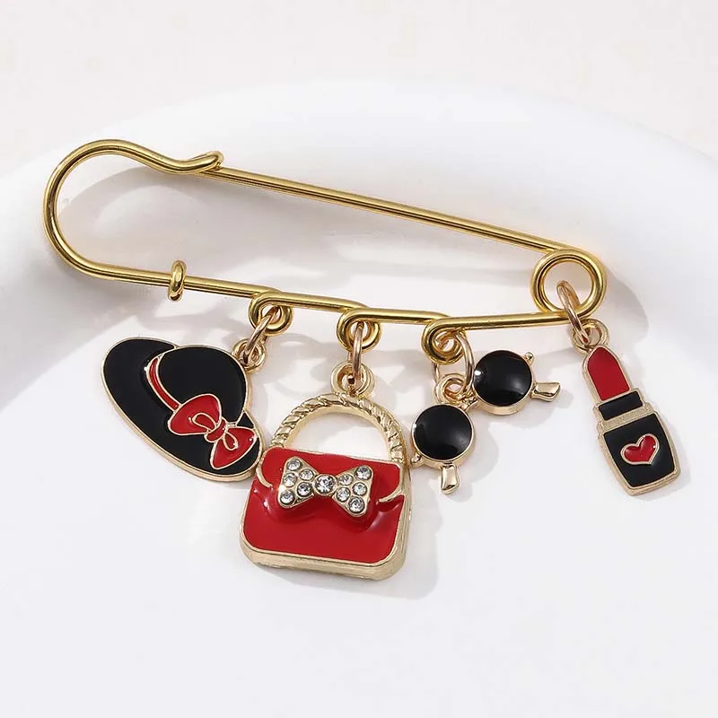 Simple Retro Bag Lipstick High Heels Oil Dripping Alloy Brooch Elegant Red Lip Hat Sunglasses Smallexquisite Bag Pendant