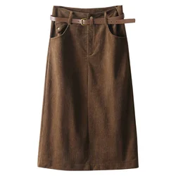 Office Lady Vintage Autumn Winter Corduroy Midi Skirt Woman Spring Fashion Casual Korean Fashion Clothing Female Cheap Wholesale