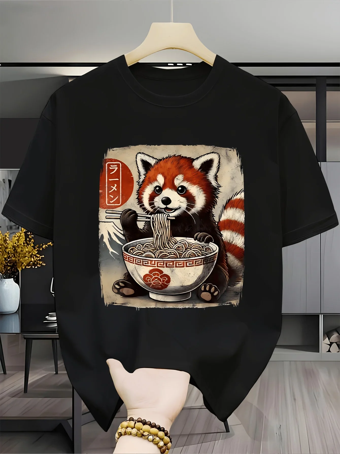 2026 Cute Red Panda Eating Ramen T Shirt Kawaii Animal Graphic Tee Japanese Food Print Summer Top Funny Casual Shirt For Women Men