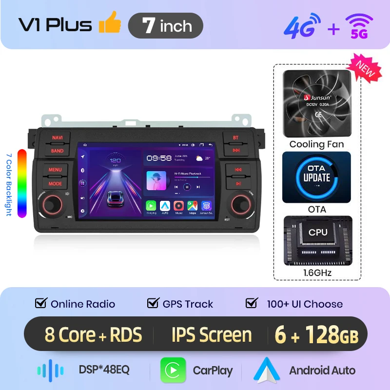 Junsun 7 inch draadloze CarPlay Android Auto autoradio voor BMW E46 M3 318 320 325 330 335 Multimedia draadloze Apple CarPlay Smart Intelligent Systems IPS touchscreen stereo videospeler 2 Din