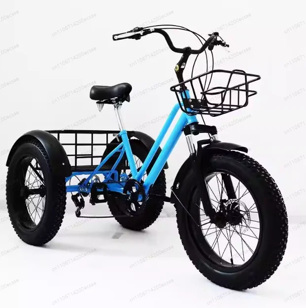 20 Inch 7 Speed Blue Basket Electric Assist Trike, Iron Frame Snow & Land Versatile Pedal Electric Cargo Tricycle