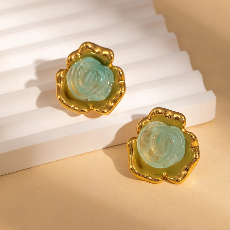 5 pares, pendientes de tuerca Y2K con flor acrílica de resina para mujer, joyería de moda dulce de acero inoxidable, resistente al agua, verde, morado y rosa