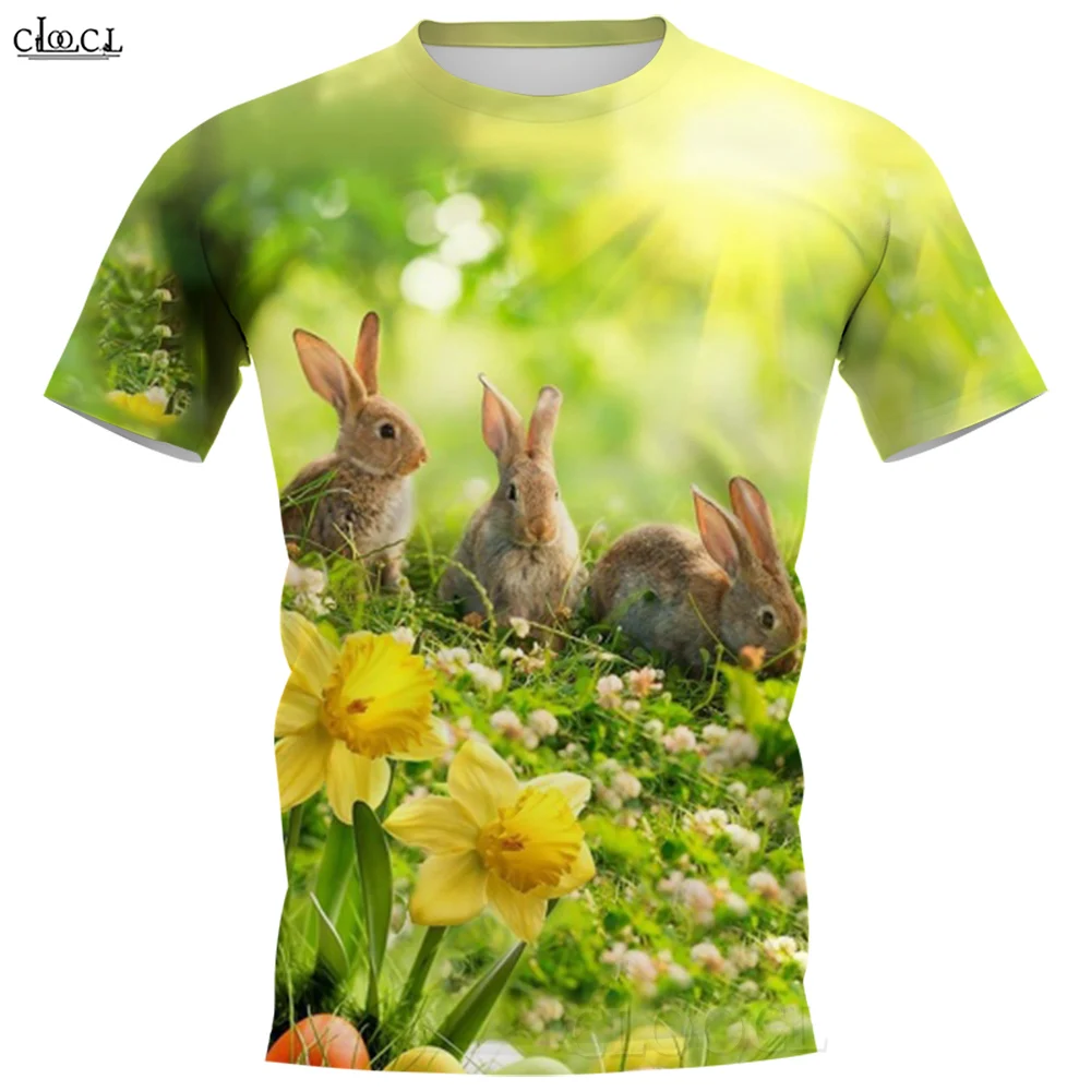 CLOOCL Unisex T-shirt Lovely Rabbit Printed Pullover Polyester Shirts Short Sleeve Easter Clothing Summer Loose Casual Tee Tops