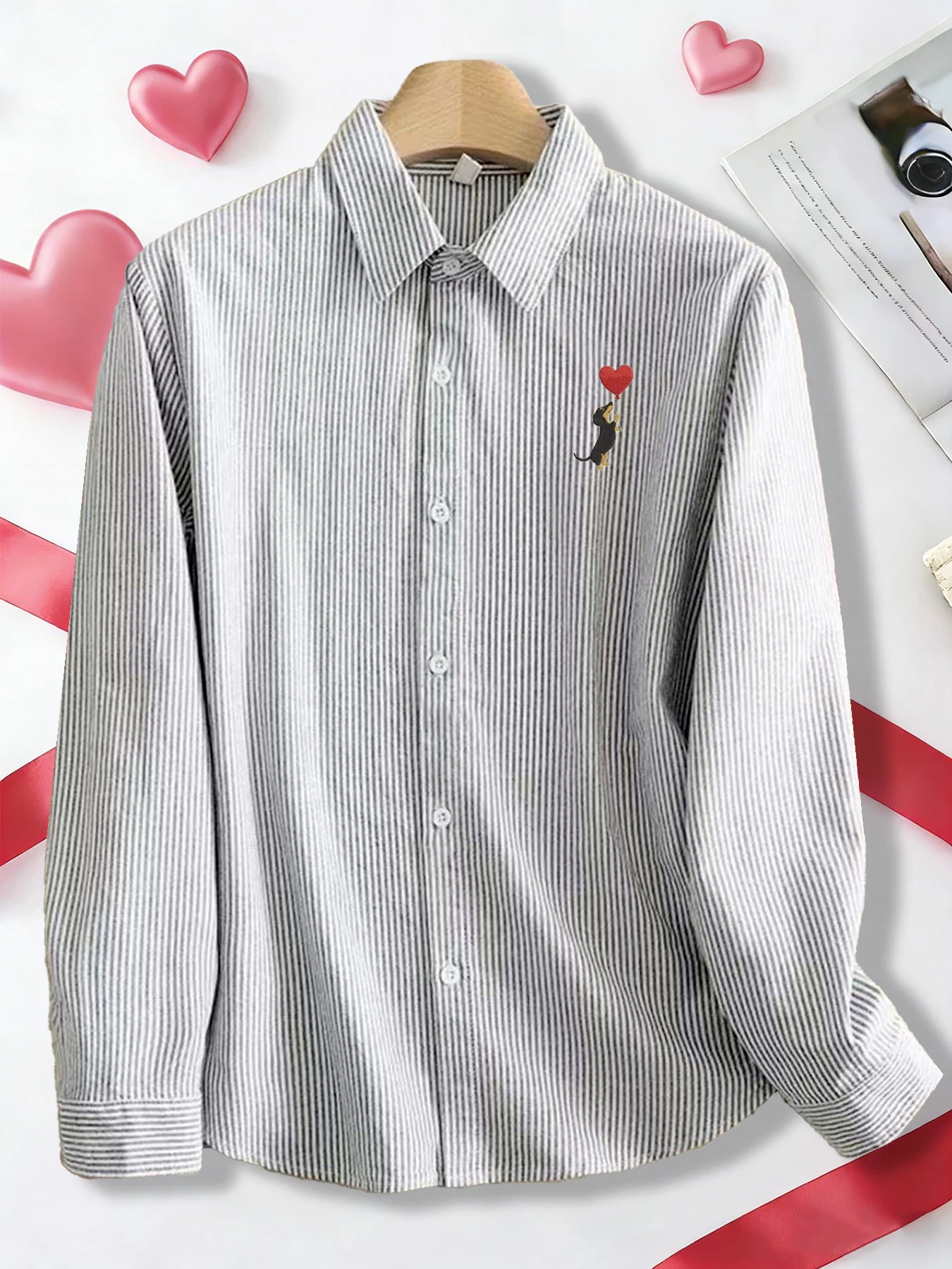 

Spring and Autumn New Cartoon Fun Puppy with Balloon Striped Long-Sleeve Shirt, Trendy Men's Versatile Layering Shirt