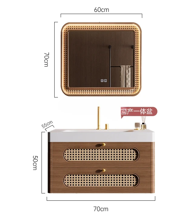 

Integrated basin antique hanging rubber wood paint rattan bathroom cabinet