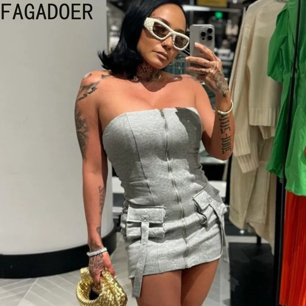 

FAGADOER Fashion Solid Color Zipper Pocket Cargo Bodycon Mini Dresses Women Sleeveless Backless Slim Vestidos Female Streetwear