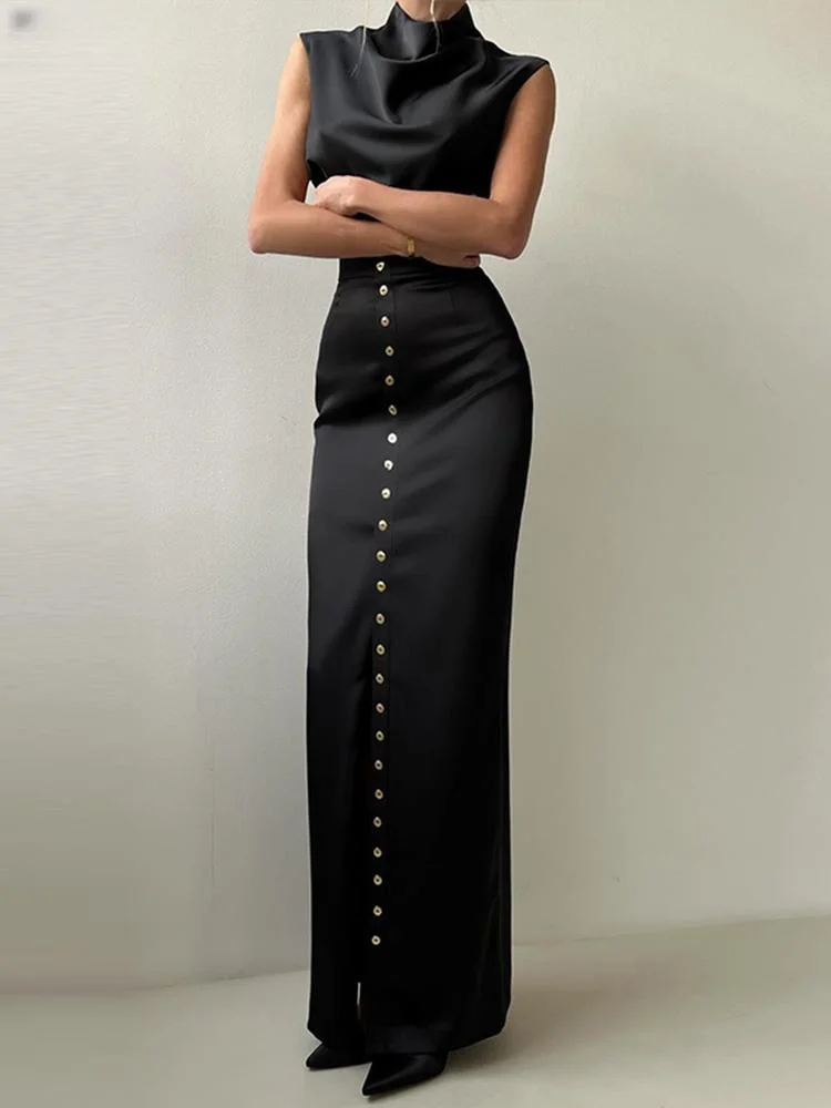 Elegante 2025 conjunto de saia superior colheita feminino gola alta sem mangas colete cintura alta botão saias longas senhora cetim sólido outfits한kta 
