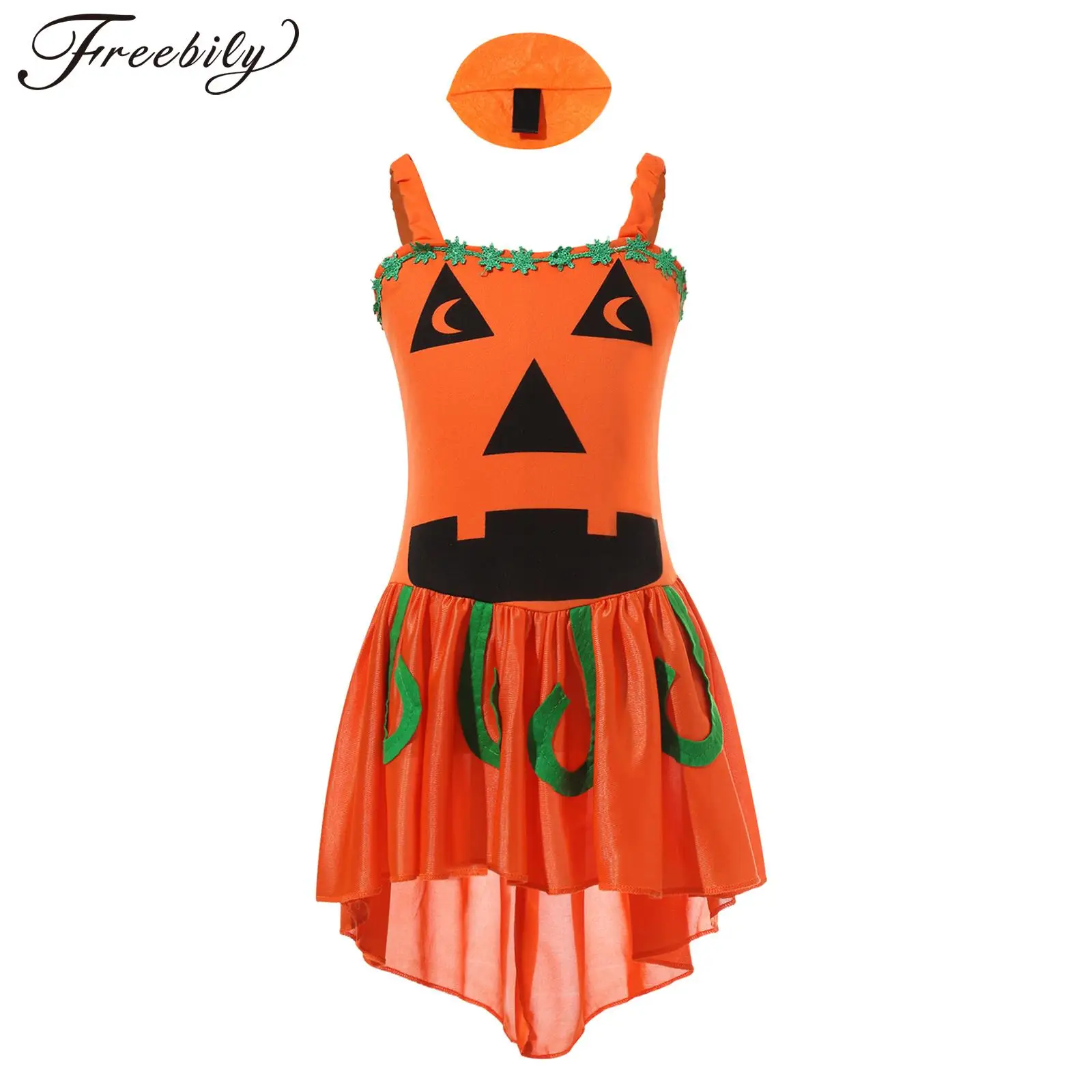 Kids Girls Halloween Pumpkin Witch Cosplay Costume Sleeveless Specter Print Cami Dress with Hairpin Theme Party Roleplay Clothes