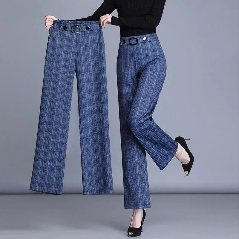 2023 Autumn New High Waist Wide Leg Pants Women's Korean Fashion Loose Solid Belt Pocket Commuter Slim Casual Straight Trousers