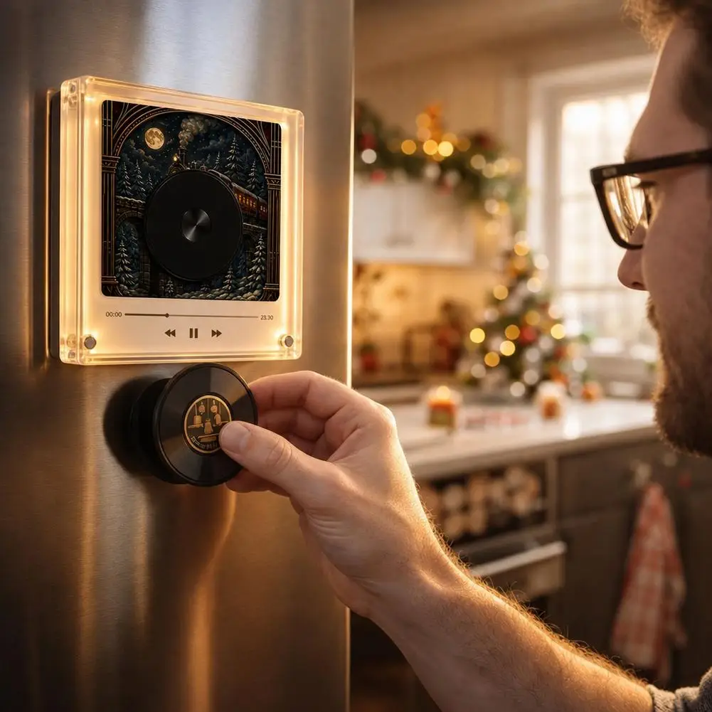 Christmas Red Gold Retro Player Fridge Record Mini NFC Magnetic Music Box Set with 9 Vinyl Discs Fridge Magnet Music Player