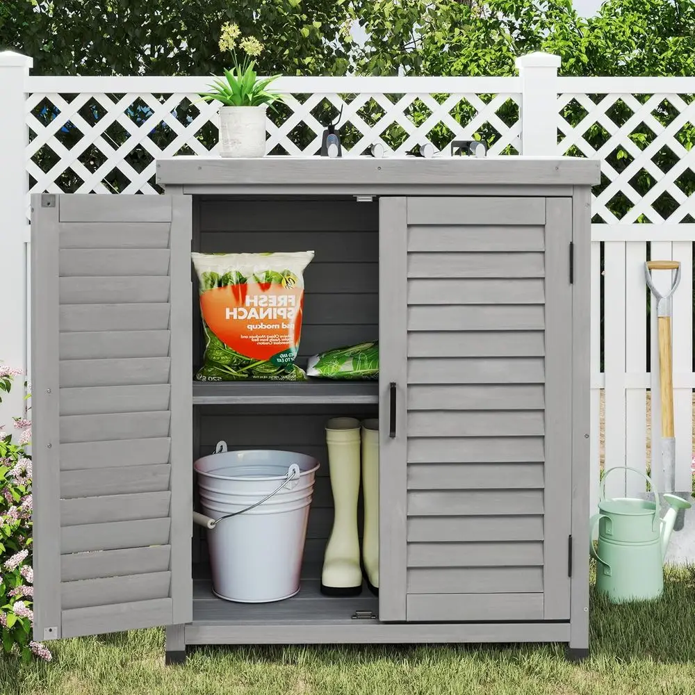 Outdoor Storage Cabinet & Potting Bench Table with Metal Top, Wooden Patio urniture, Garden Workstation (Accent Grey, 36x31x17in