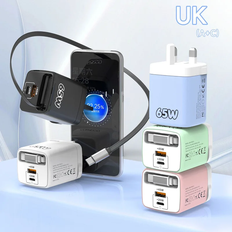 Lenovo PD65W Einziehbares Kabel-Ladegerät Schnellladegerät für Smartphones 1 PD 1 USB Multi-Port Reiseladegerät, Macaron-Farben EU – Detail 7