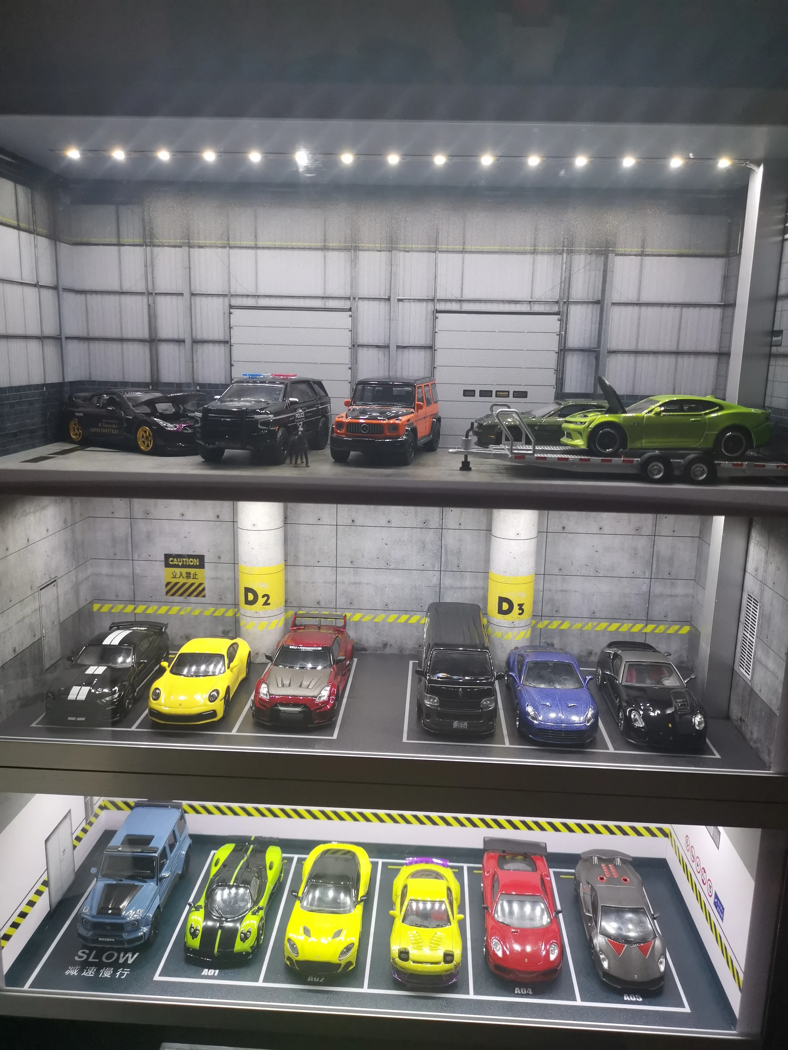 1:64 Scene Two-Storey 3Layers Garage Underground Parking Lot Car Model Light Display Cabinet  Box