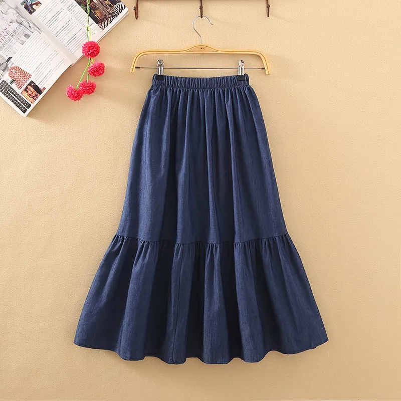 Women denim skirts 2026 new summer fashion solid color casual jean trumpet skirts high waist slim preppy style ruffles skirts