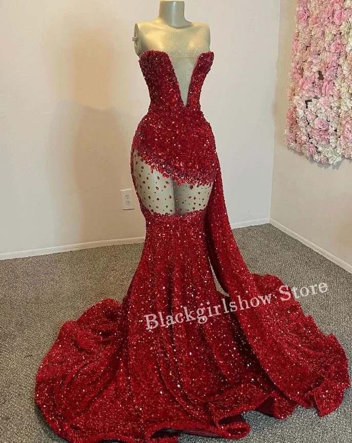 Luxury Burgundy Long Prom Dress 2025 For Women Sparkling Diamond Beaded With Side Train Dresses For Formal Occasions Customised