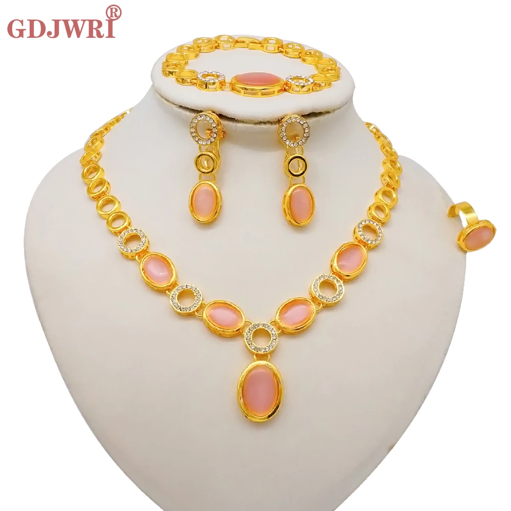 Luxus Dubai Gold Farbe Doppels chicht Halskette Schmuck Sets für Frauen afrikanischen Wasser tropfen Kristalls chmuck indischen Set Geschenke – Detail 26