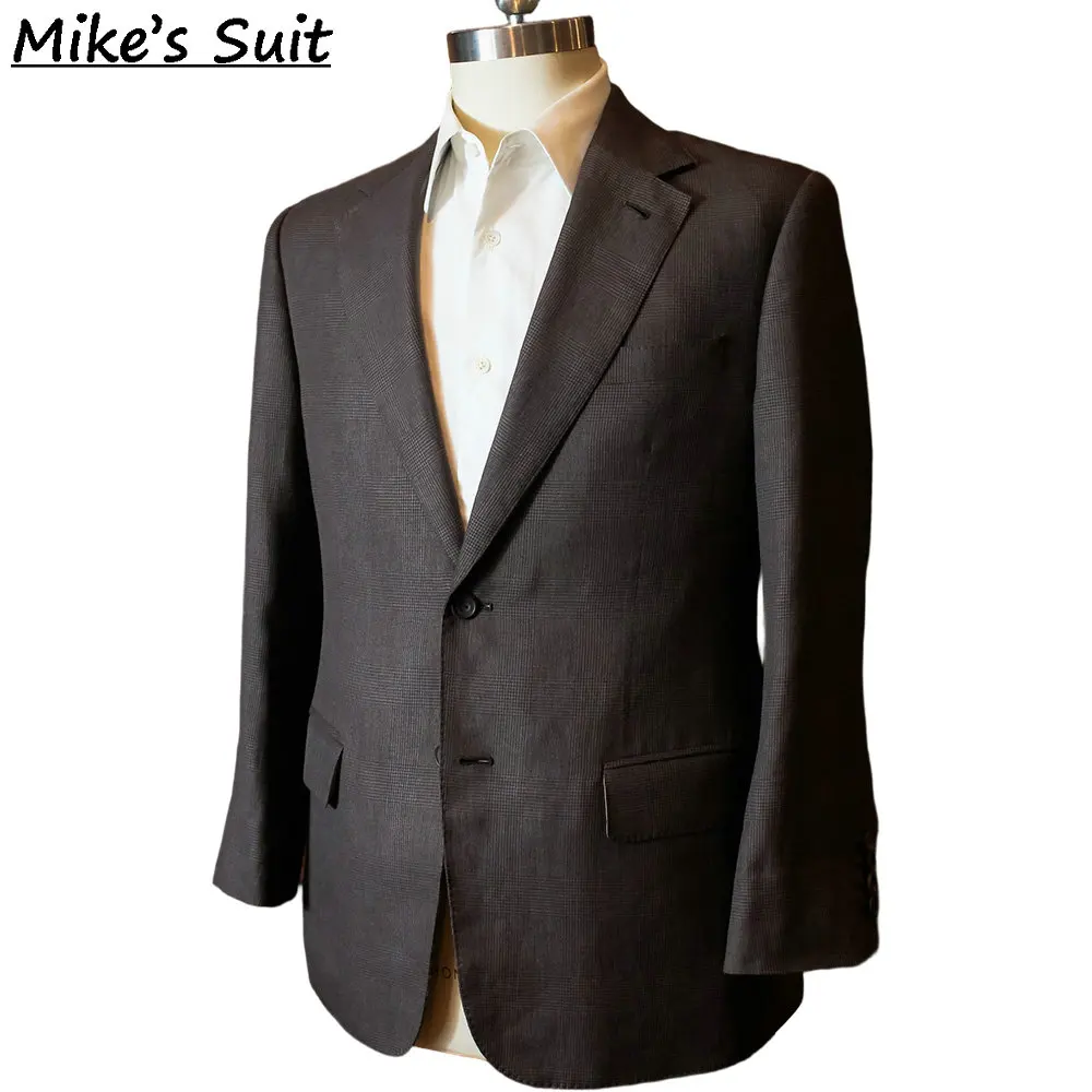 Men's Dark Brown Micro Check Wool Blazer British Style Wedding Party Formal Business Suit Coat