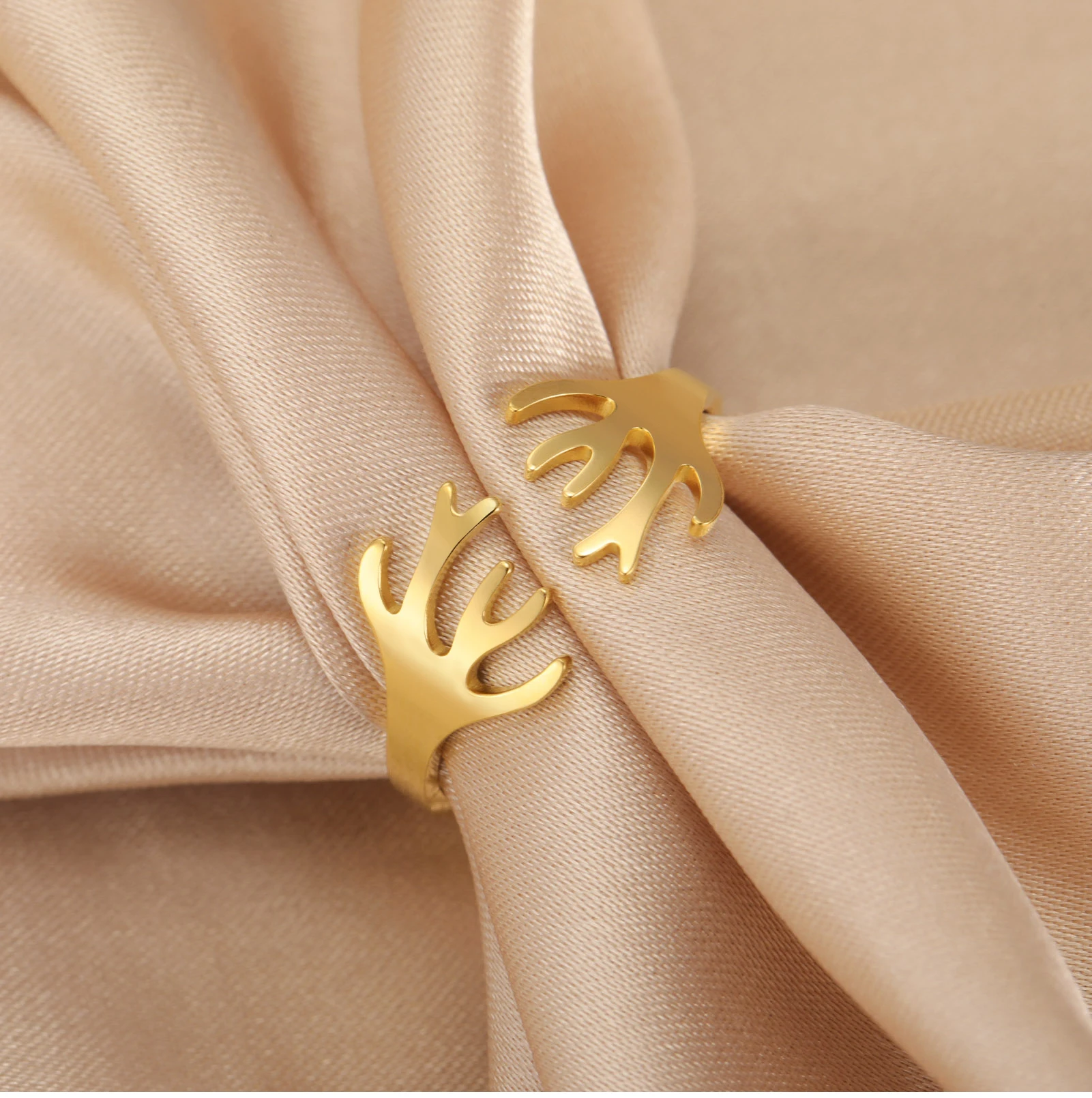 CoolTime Hirschgeweih Offener Ring Goldfarben Edelstahl Verstellbarer Ring Tierschmuck Geschenk für Liebhaber Natürliches Alltagsaccessoire – Detail 10