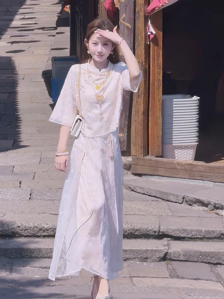 

Новый китайский модный комплект для лета: роскошный женский костюм из двух предметов с коротким рукавом, премиум-класса