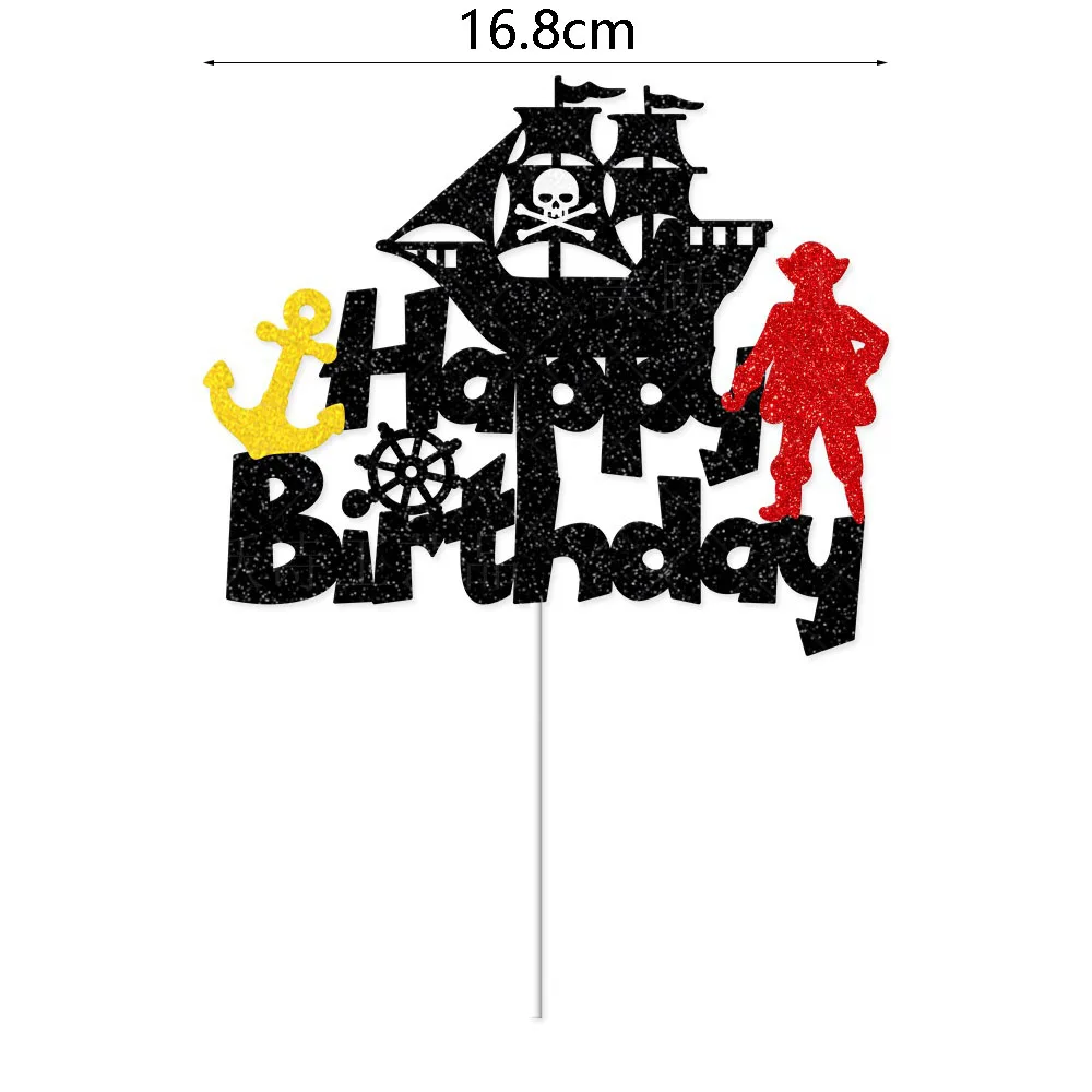 Pirate Party Birthday Cake Decor Happy Birthday Cake Topper Skull Ship Treasure Chest Cupcake Toppers Pirate Nautical Theme Deco view 2