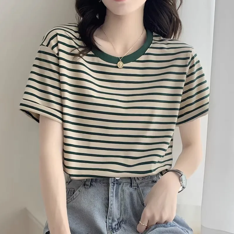 Green Retro Stripe Top Summer 2023 New Slimming T-shirt Women Korean Series Idle Sle Plus size Ins Fashion Short sleeve