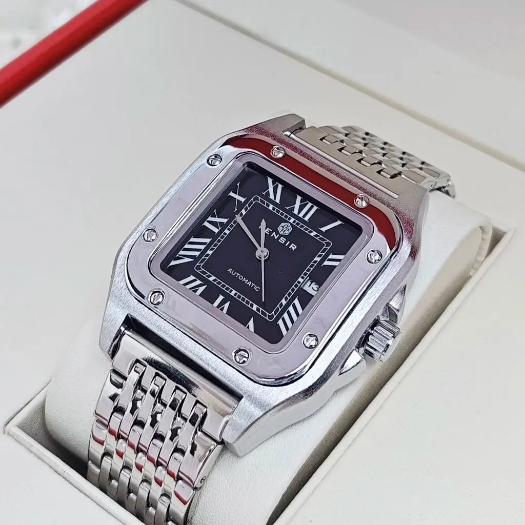 ساعة رجال الأعمال الفاخرة من سلسلة Santos Tank، مينا مربعة، مع عرض التقويم، حزام مشبك على شكل فراشة من الفولاذ المقاوم للصدأ، ساعة يد رجالية عصرية كاجوال وبسيطة وأنيقة، أفضل هدية له