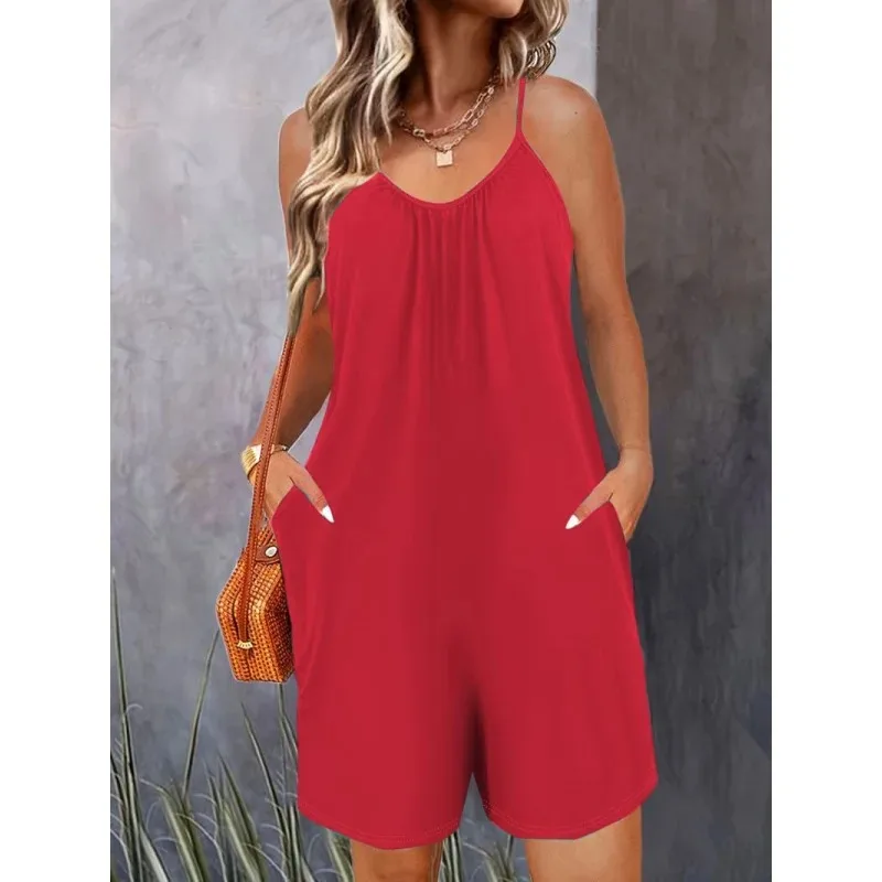

New hot selling spring and summer sleeveless Women's Casual Pocket Pants Solid Loose Strap Straight Jumpsuit shorts