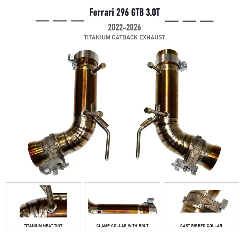 Direct Fit Titanium Catback Exhaust for Ferrari 296 GTB 3.0T 2022 to 2026 Pair With Titanium Heat Tint Finish and Oxide Bands