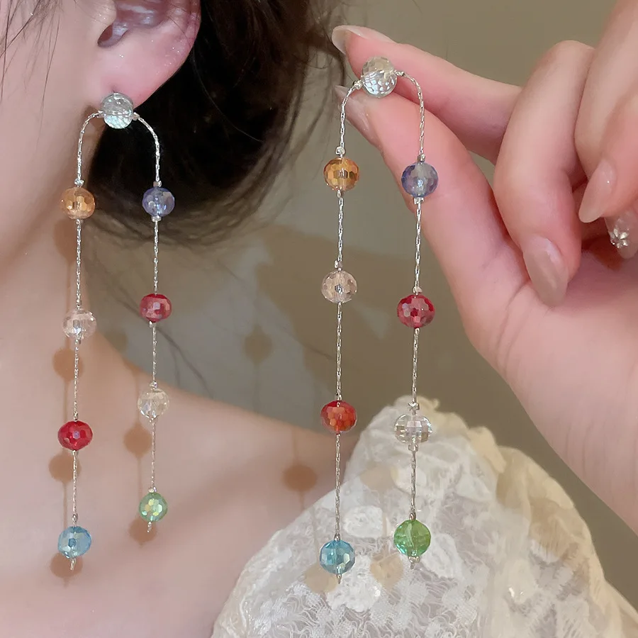 

Dopamine Colorful Glass Beadspendant Earrings Sweet Cool U-shaped Super Long Tassel Dangle Earring Fashion Trendy Party Jewelry
