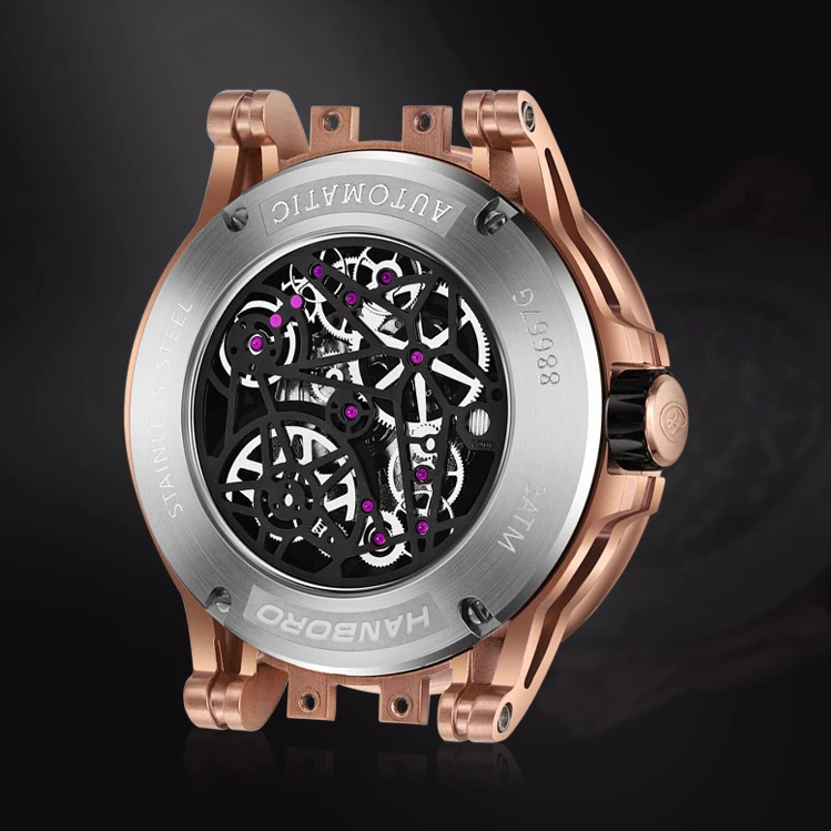 HANBORO Men Automatic Watch 45MM Luxury Watches Self Wind Mechanical Wristwatch Sport Skeleton Dial Waterproof Luminous 6T15