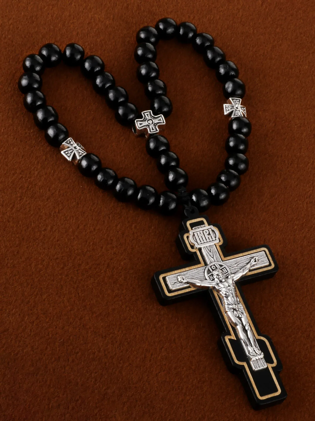 Chapelet Orthodoxe en Bois Perlé avec Croix INRI et Médaille Jésus-Christ, Collier de Prière Fait Main, Décoration à Suspendre au Voiture