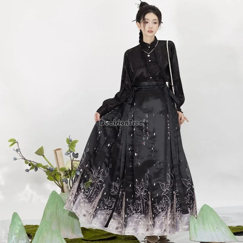 Hanfu-Conjunto de temperamento de danza folclórica antigua China, estampado de loto de hadas, falda de cara de caballo mejorada, hanfu de la dinastía ming diaria, 2024