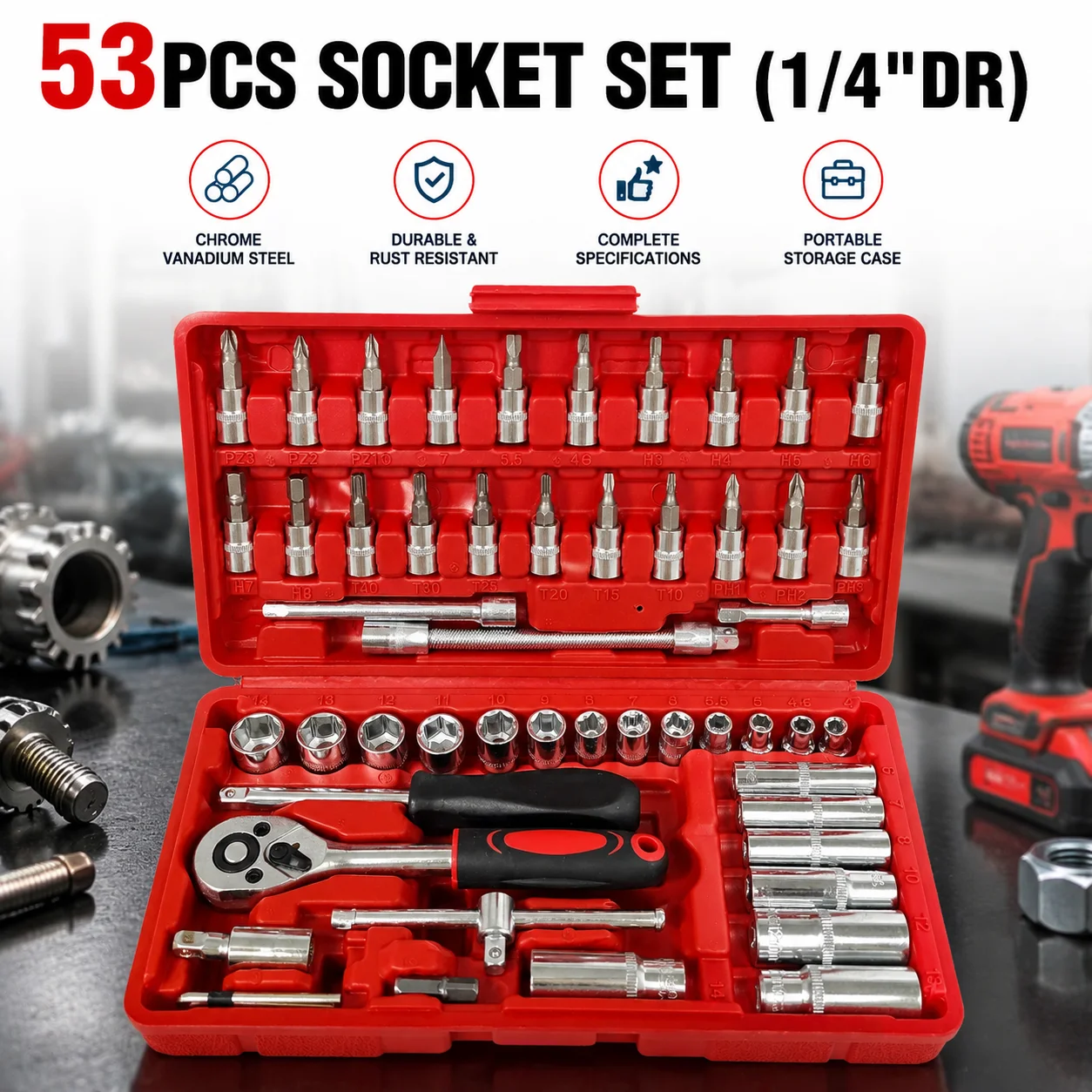 53PCS Portable Hand Tool Set Basic Repair Kit with High Carbon Steel Bits for Household Construction Professional Use Easy Carry
