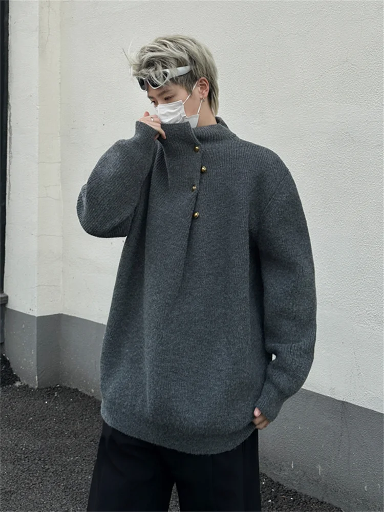 

Мужской вязаный свитер свободного кроя с высоким воротником и необычным дизайном пуговиц, повседневный зимний топ в корейском и американском стиле от модного бренда