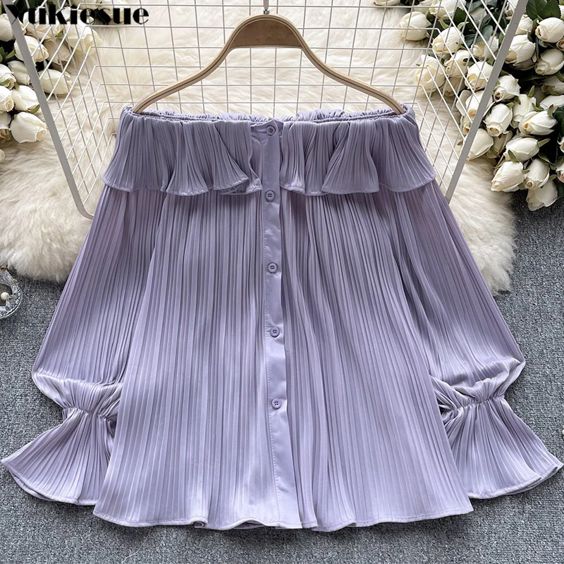 

Chiffon Blouses Word Shoulder Solid 2023 Spring Autumn Korean Edition Fashion Versatile Elegant Sweet Loose Ruffles Women Shirts