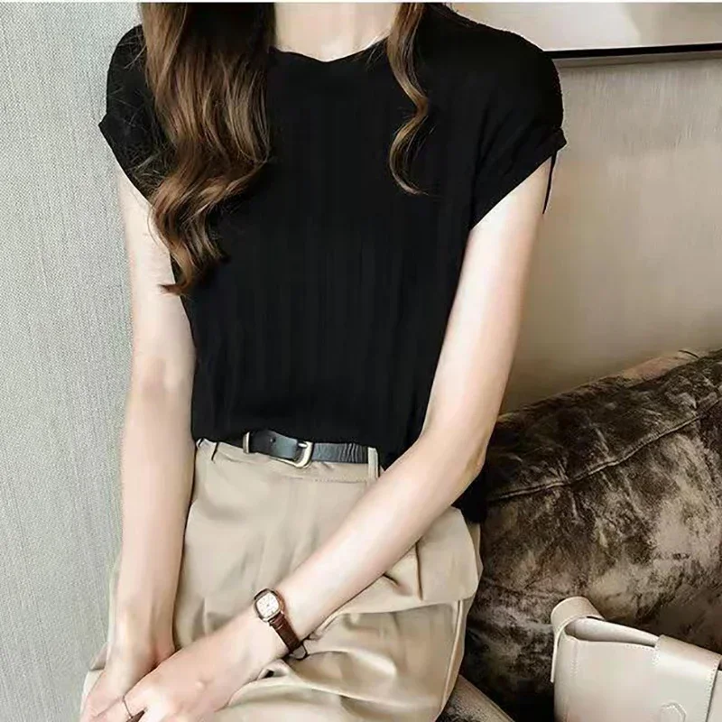 Women Summer Tops Solid Short Sleeve Knitted Loose T-shirts O-Neck Casual Tees For Women Bottoming Shirts 2023