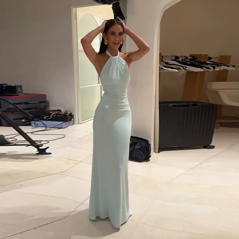 แขนกุด Halter คอ Backless ไหล่เย็น Mermaid เกสต์ Ruched Prom Party Club Going Out Maxi ชุดผู้หญิงยาวชุดเข้ารูป