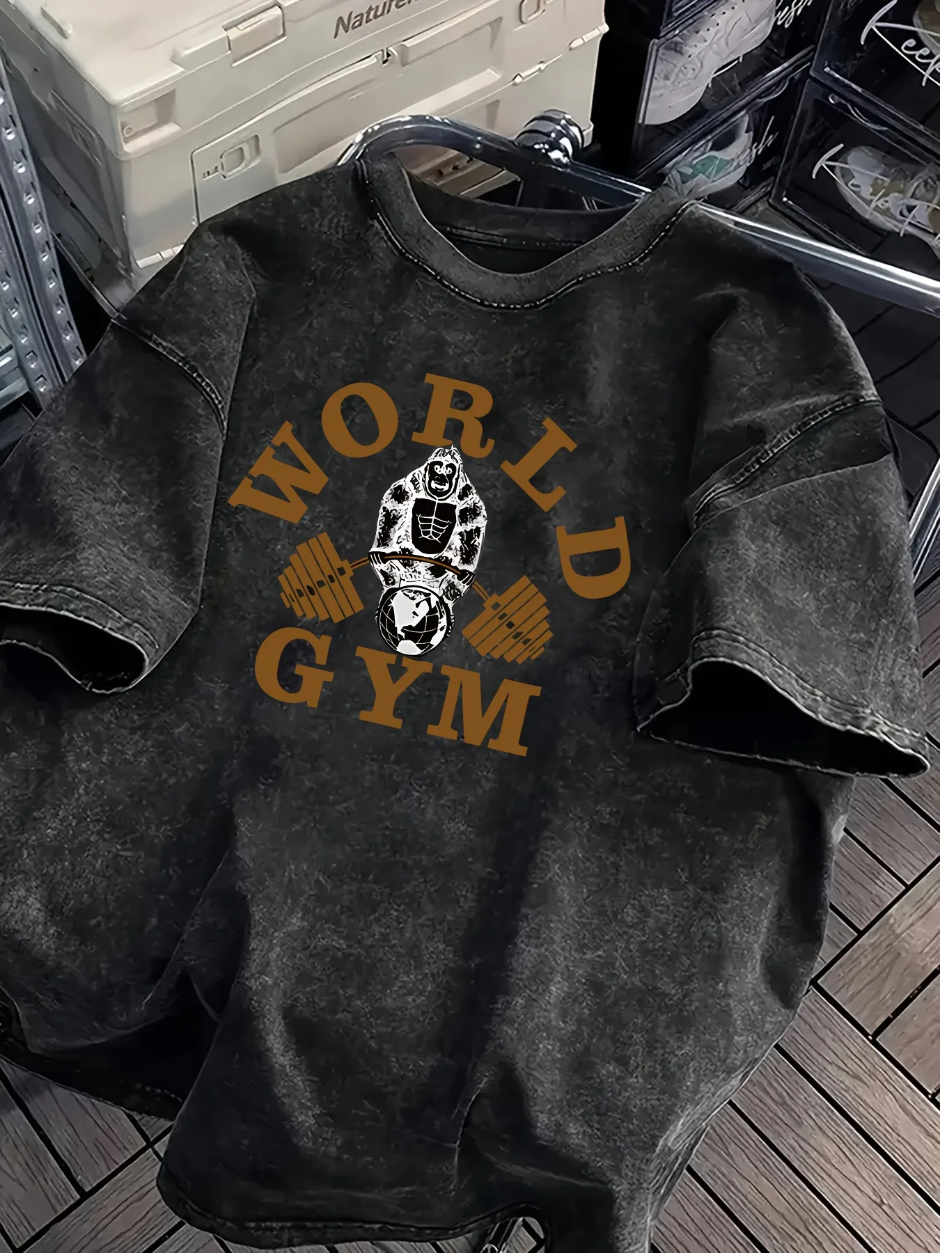 Vintage Acid Wash World Gym Gorilla Grafik T-Shirt Übergroßes Workout Casual Baumwoll-Oberteil für Männer Frauen Grafik T-Shirts Y2k Top – Detail 8