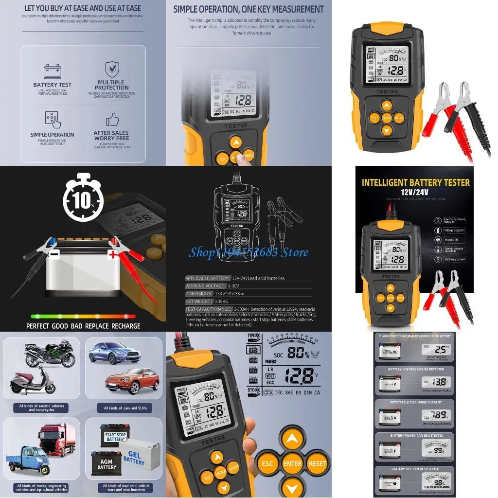 

Y6GD 12V 24V Car Battery Detector Charging Tester Power Detection for Truck Motorcycle SUV Battery Diagnostic Tool
