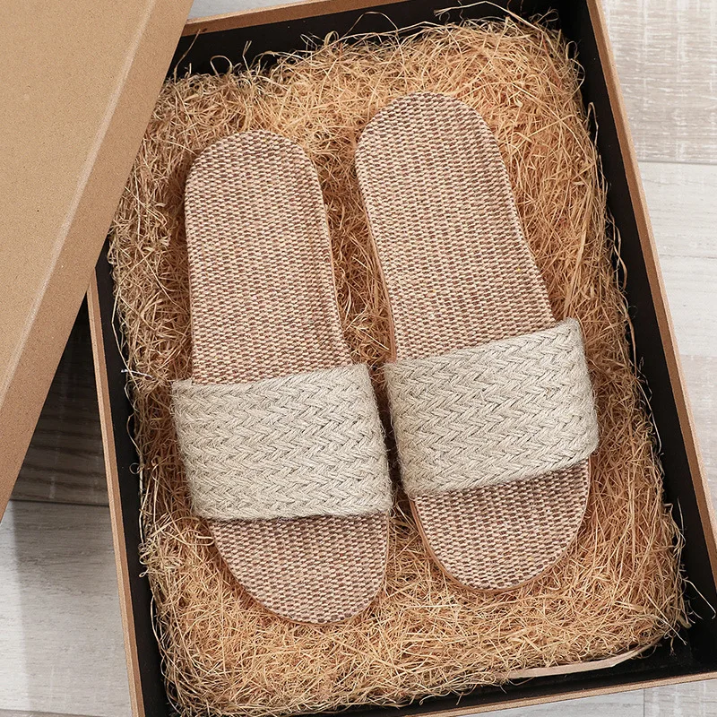 Slippers woven home indoor sandals breathable and non slip cotton and linen grass shoes