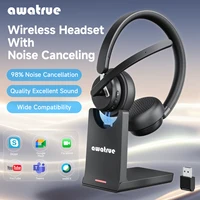 AWATRUE EH11 Auriculares inalámbricos con Bluetooth con micrófono con cancelación de ruido AI y base de carga Auriculares inalámbricos de 2,4 GHz con dongle USB